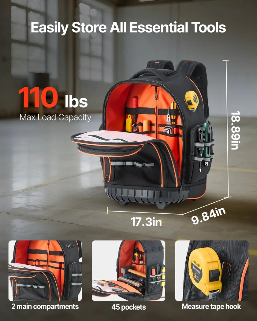VEVOR Rolling Tool Backpack 45 Pockets Heavy Duty Roller Tool Bag on Wheels