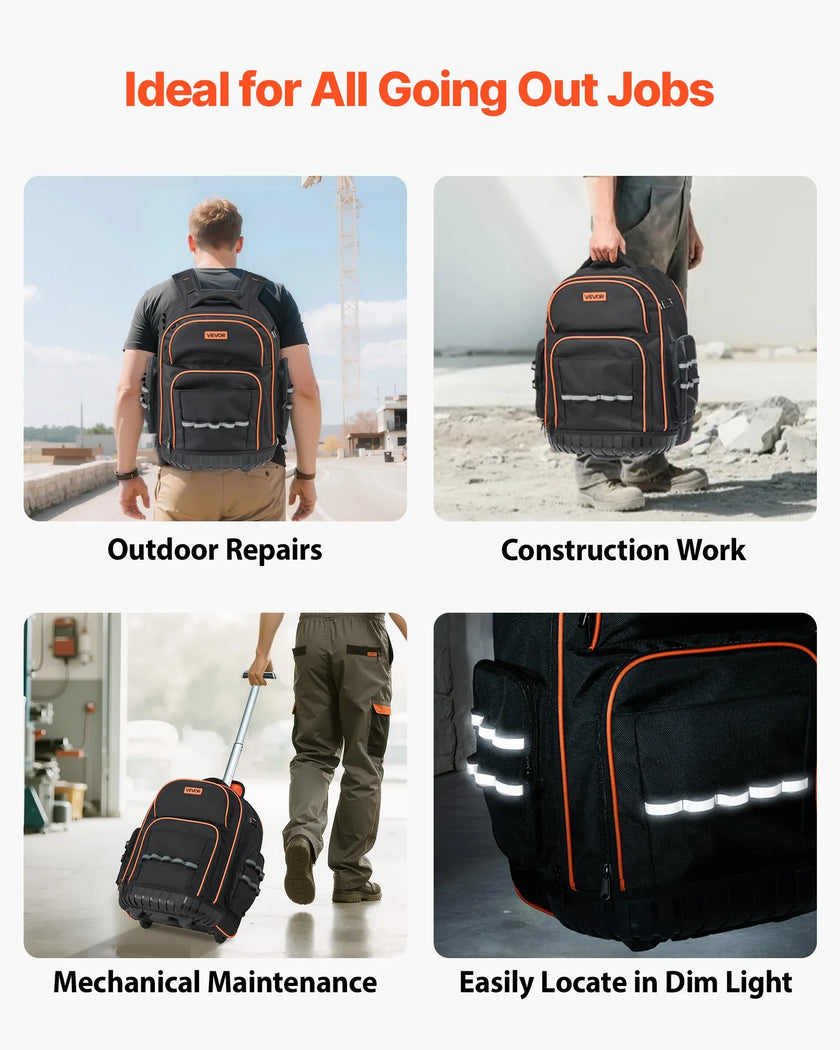 VEVOR Rolling Tool Backpack 45 Pockets Heavy Duty Roller Tool Bag on Wheels