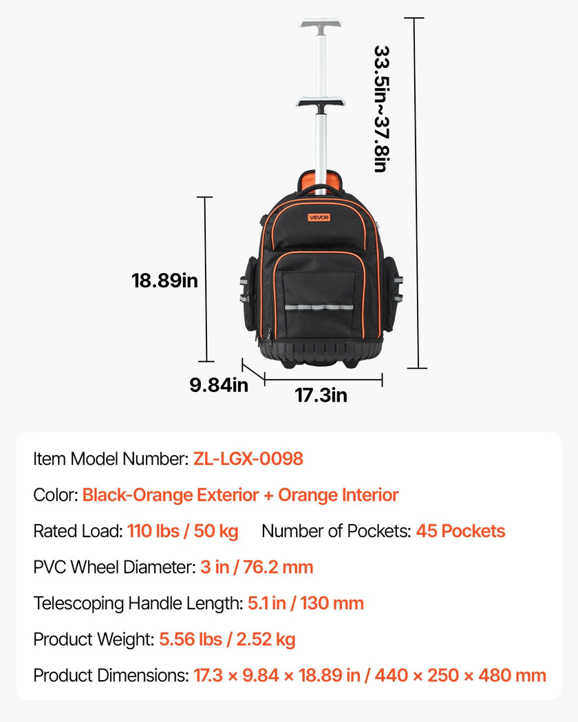 VEVOR Rolling Tool Backpack 45 Pockets Heavy Duty Roller Tool Bag on Wheels