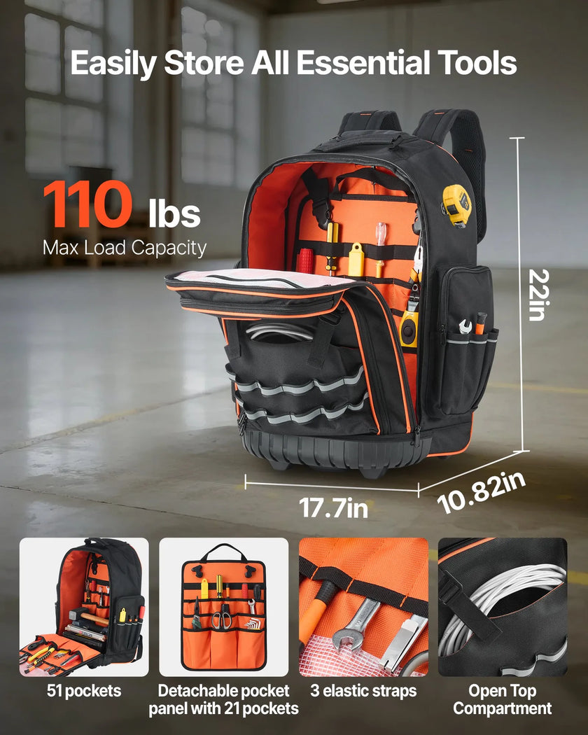 VEVOR Rolling Tool Backpack 72 Pockets Heavy Duty Roller Tool Bag on Wheels