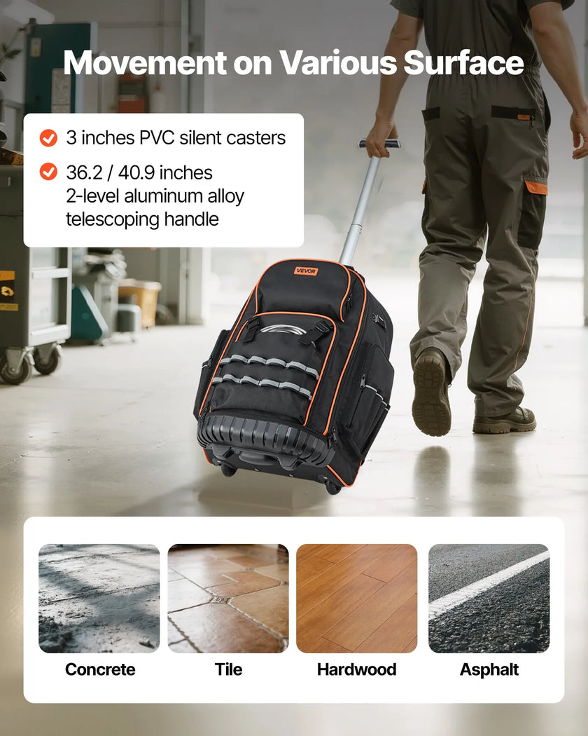 VEVOR Rolling Tool Backpack 72 Pockets Heavy Duty Roller Tool Bag on Wheels