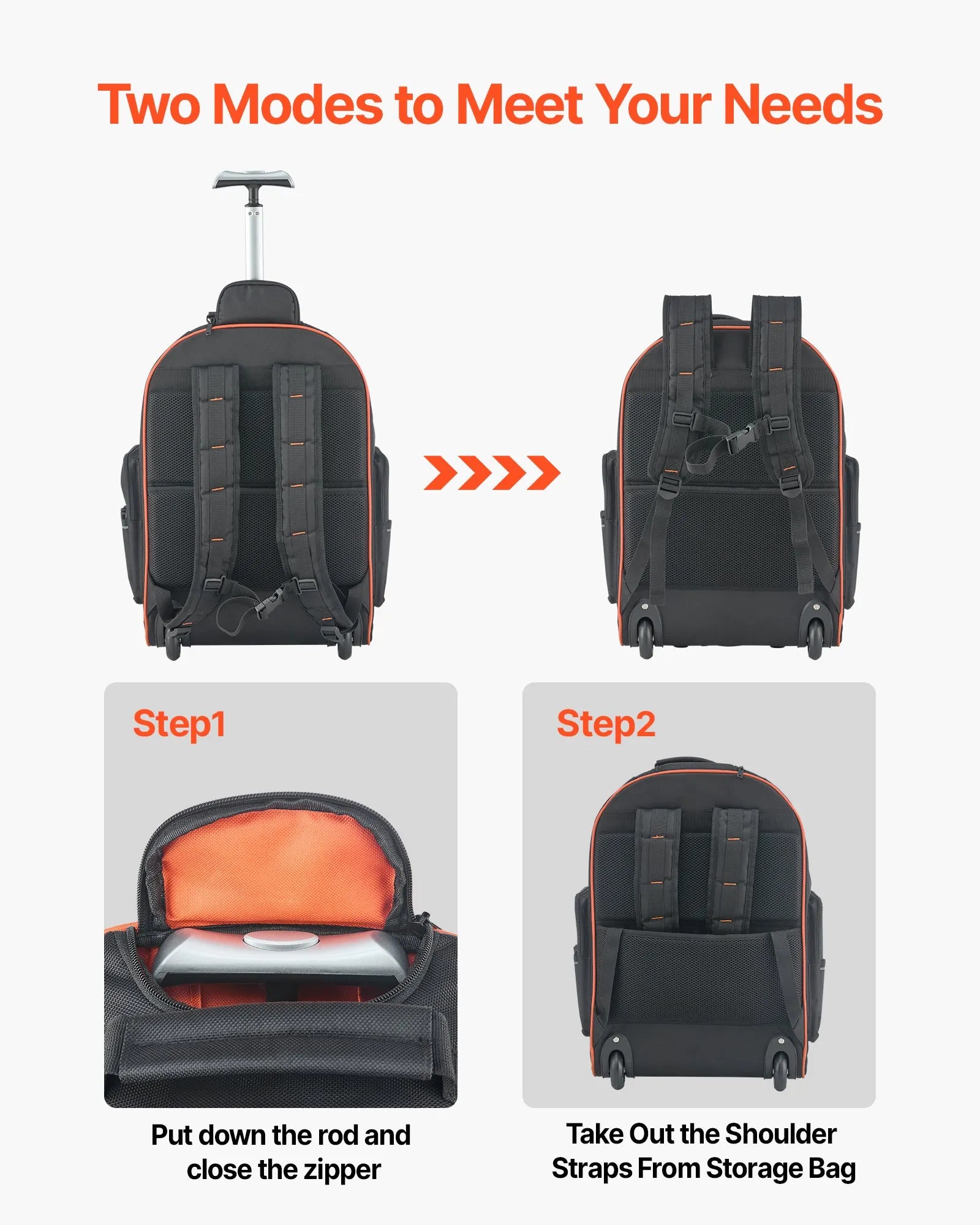 VEVOR Rolling Tool Backpack 72 Pockets Heavy Duty Roller Tool Bag on Wheels