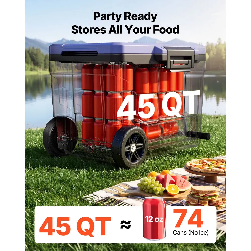 45 QT Rolling Hard Cooler with Wheels | Leak-Resistant Insulated Ice Chest