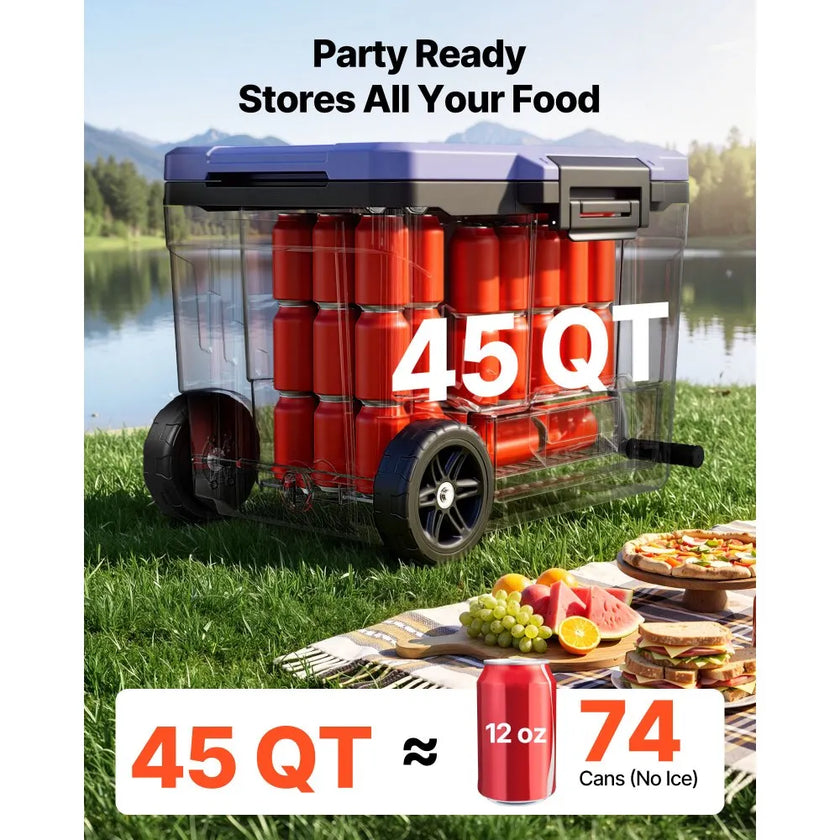 45 QT Rolling Hard Cooler with Wheels | Leak-Resistant Insulated Ice Chest