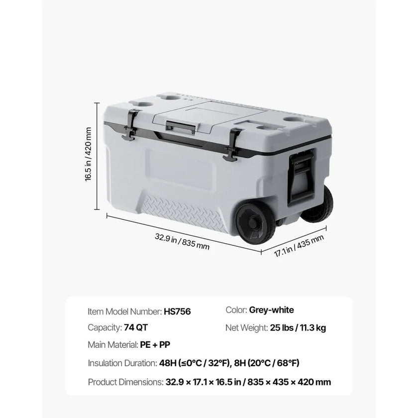 VEVOR Portable Cooler 74 QT Wheeled Cooler 120 Can Capacity with Cup Holder