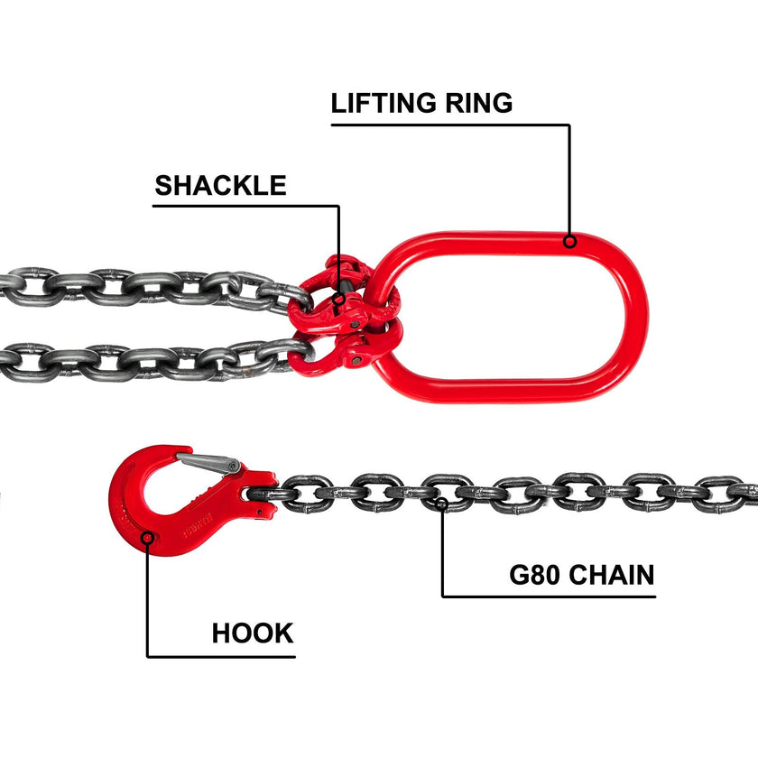 VEVOR Chain Sling 6FT 5/16 x 6 Double Leg with Grab Hooks Sling Chain 3T/6600lbs Capacity Double Leg Chain Sling G80 Mn-Steel, Red