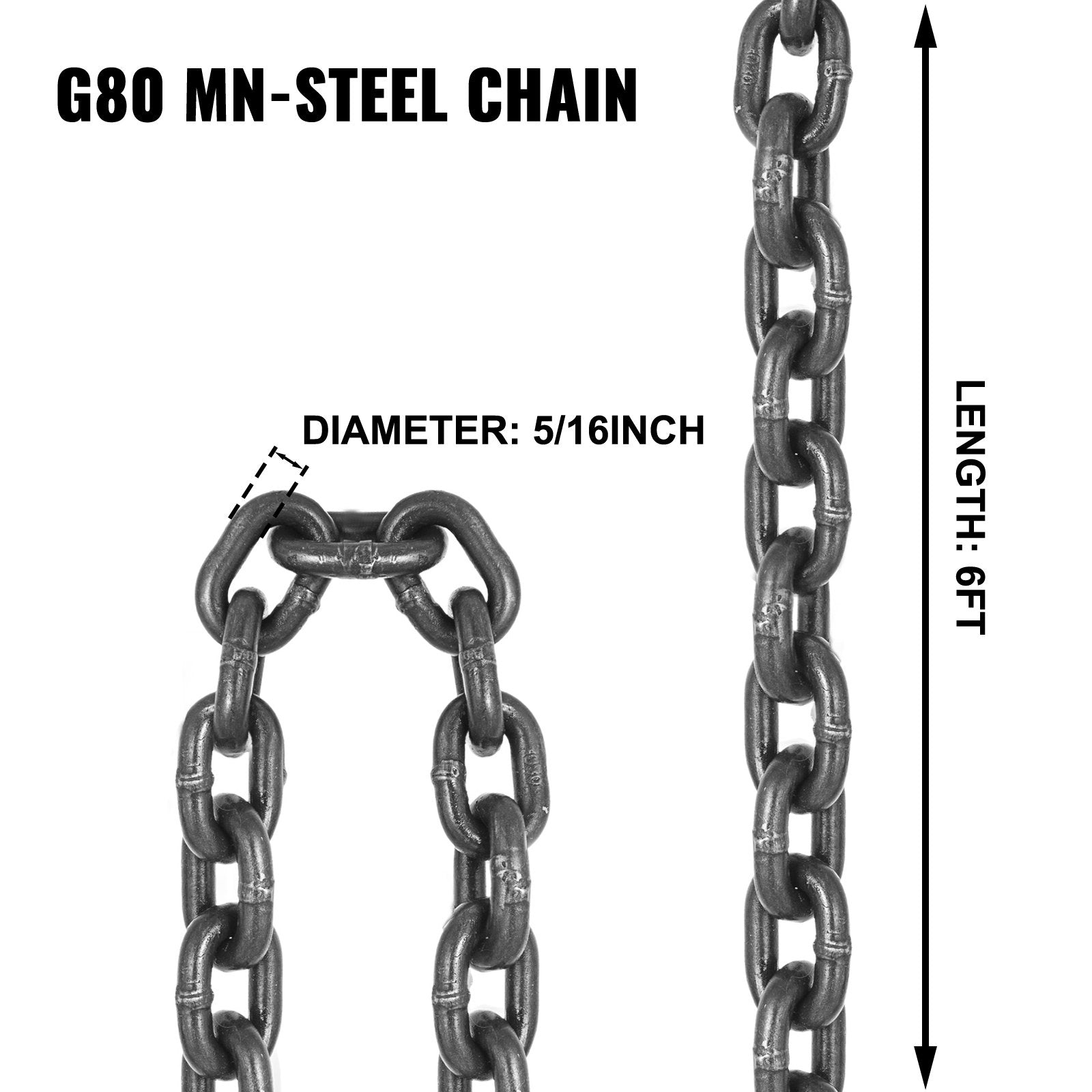 VEVOR Chain Sling 6FT 5/16 x 6 Double Leg with Grab Hooks Sling Chain 3T/6600lbs Capacity Double Leg Chain Sling G80 Mn-Steel, Red