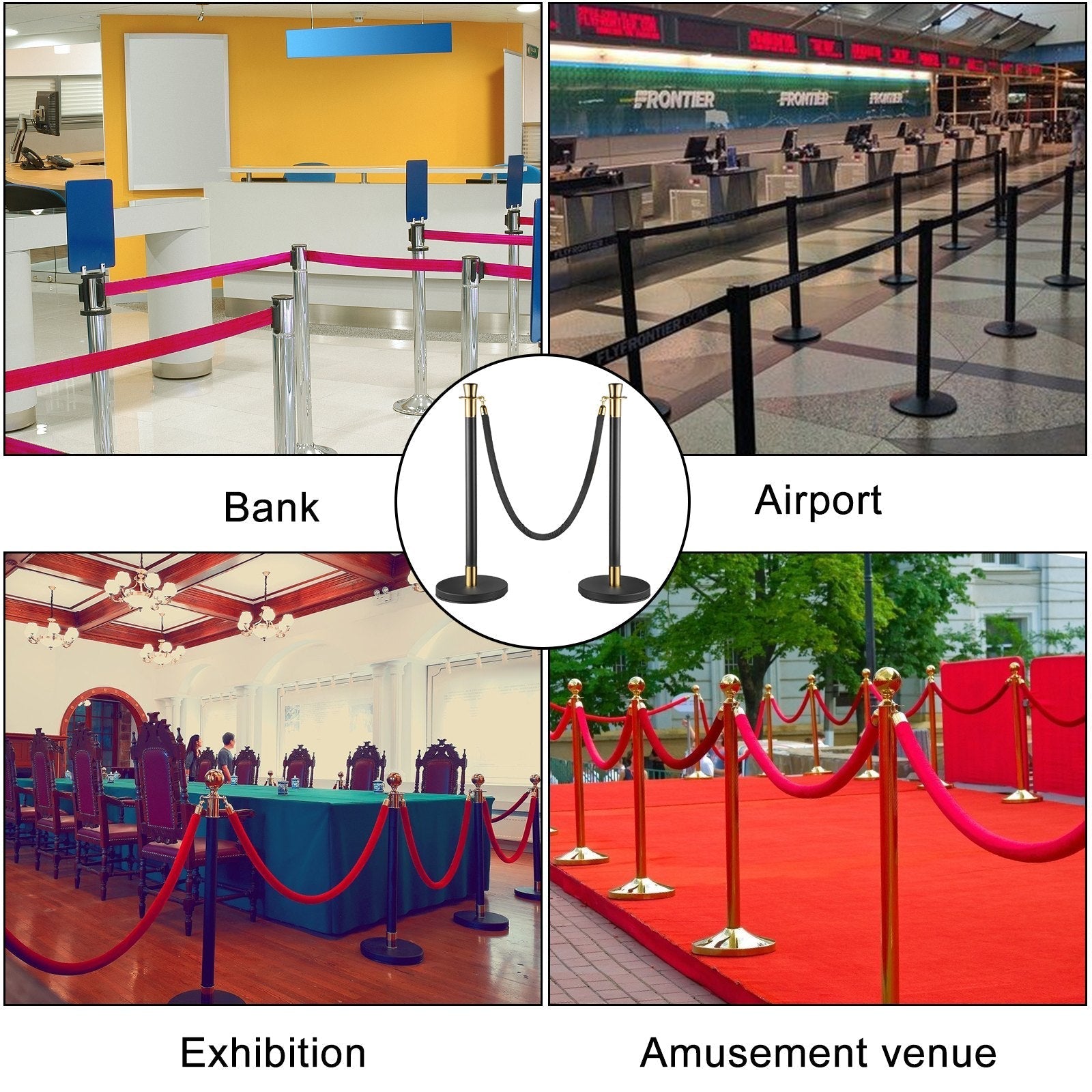 VEVOR Crowd Control Stanchion, Set of 6 Pieces Stanchion Set, Stanchion Set with 5 ft/1.5 m Black Velvet Rope, Black Crowd Control Barrier w/ Sturdy Concrete and Metal Base – Easy Connect Assembly