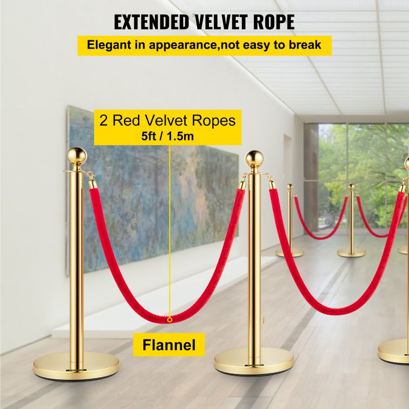 VEVOR 38 Inch Stanchion Posts Queue, Red Velvet Rope (3, Gold)