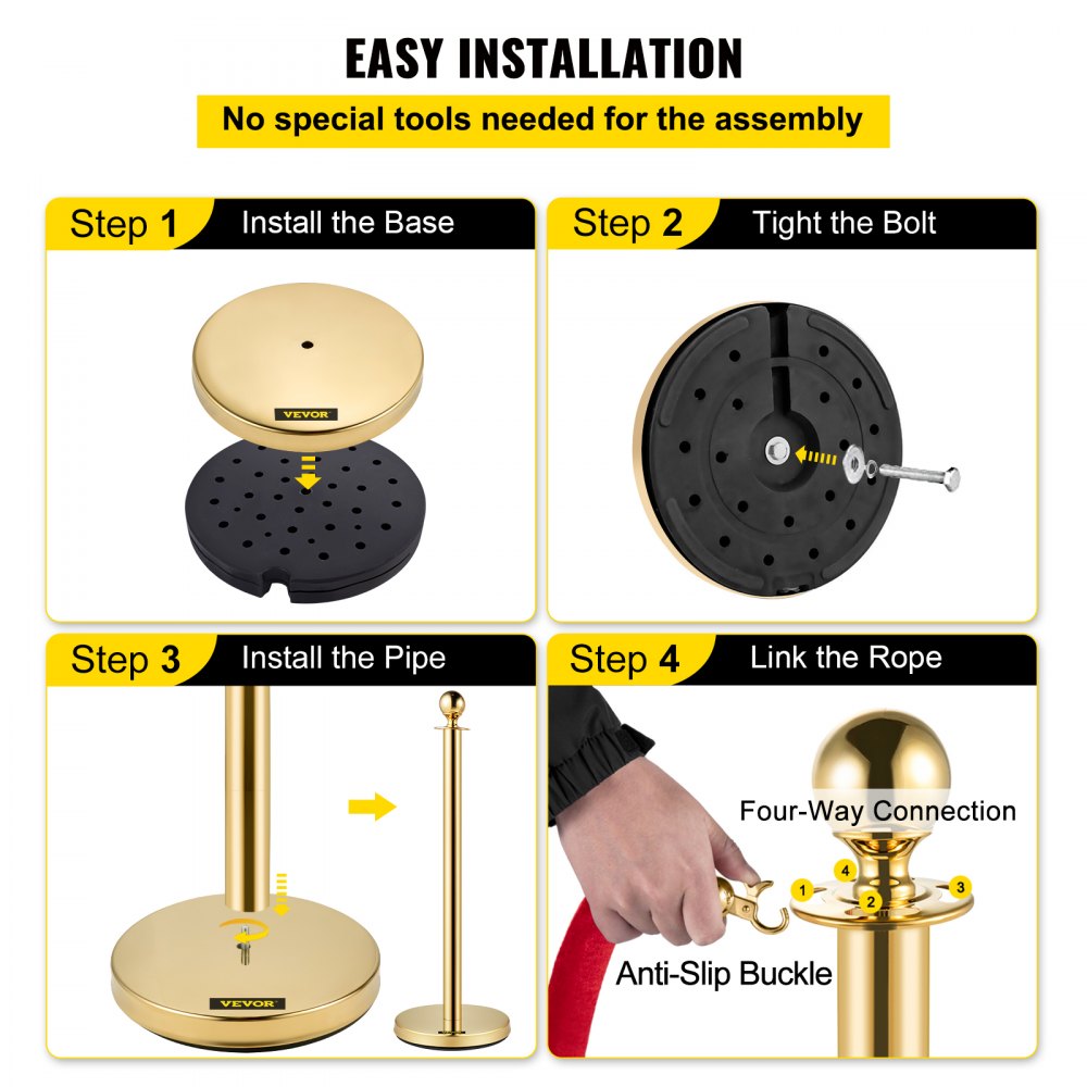 VEVOR 38 Inch Stanchion Posts Queue, Red Velvet Rope (3, Gold)