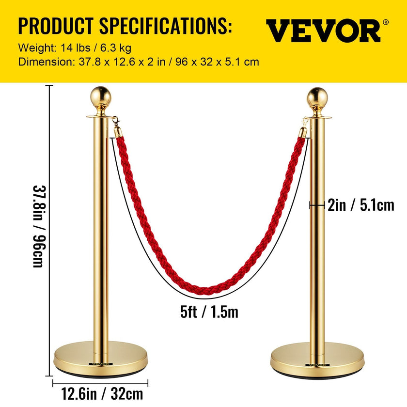 3pcs Red Twine Rope Stanchion Gold Post Crowd Control Queue Line Barrier 2 Lines