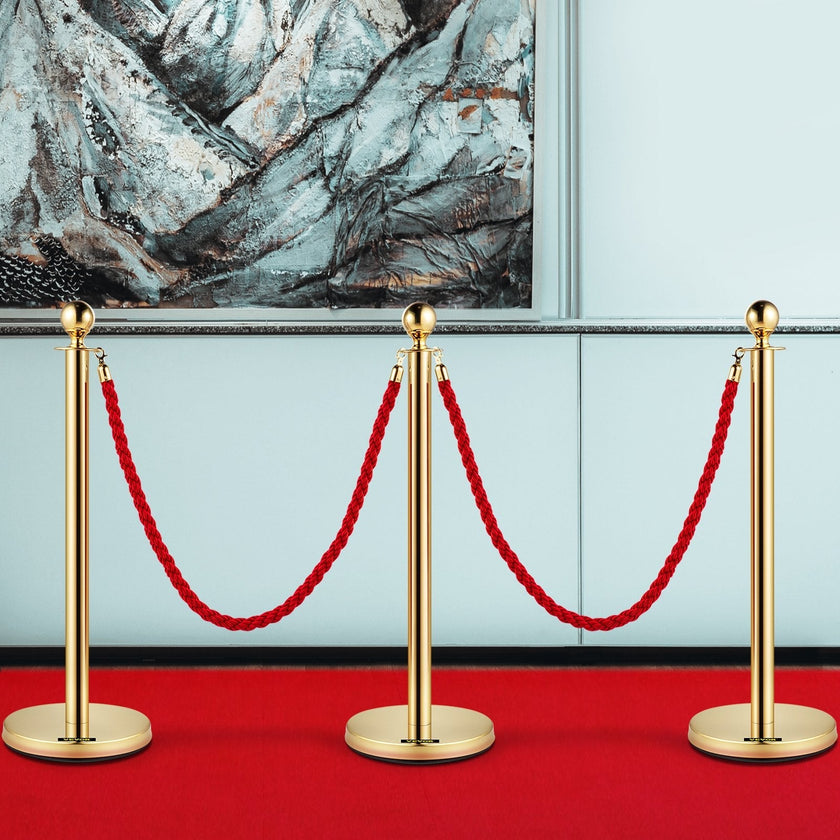 3pcs Red Twine Rope Stanchion Gold Post Crowd Control Queue Line Barrier 2 Lines