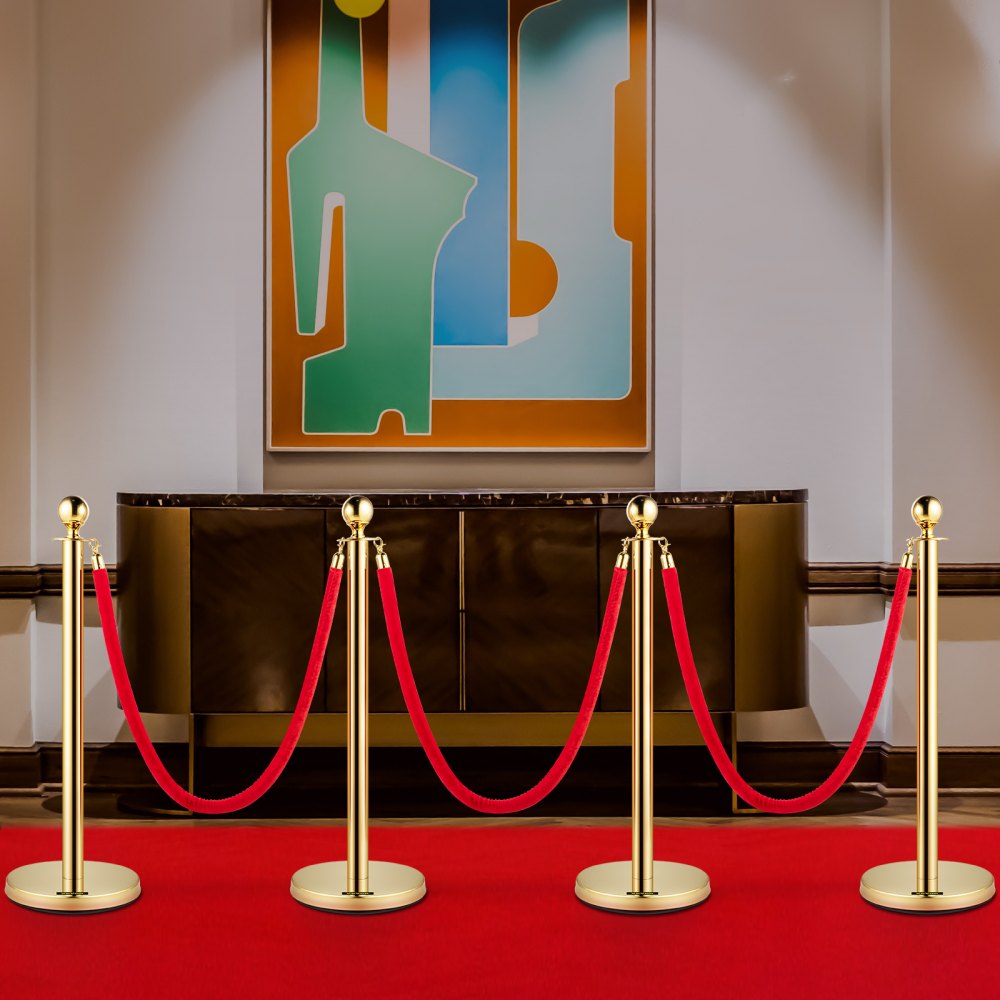 4pcs Red Velvet Rope Stanchion Gold Post Crowd Control Queue Line Barrier 3-rope