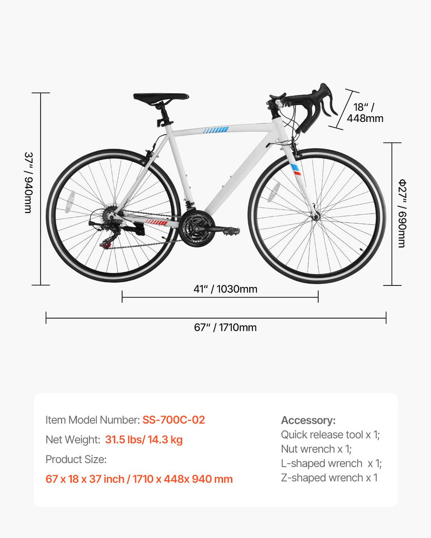 VEVOR Road Bike Racing Bicycle 700C Shimano 21 Speeds Carbon Steel Caliper Brake