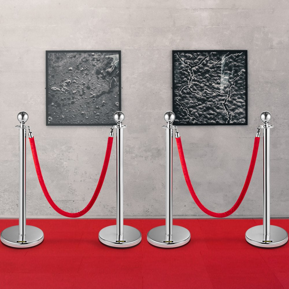 VEVOR 4PCS Stainless Steel Stanchion Posts Queue, Red Velvet Ropes Silver, 38In Rope Barriers Queue Line Crowd Control Barriers for Party Supplies