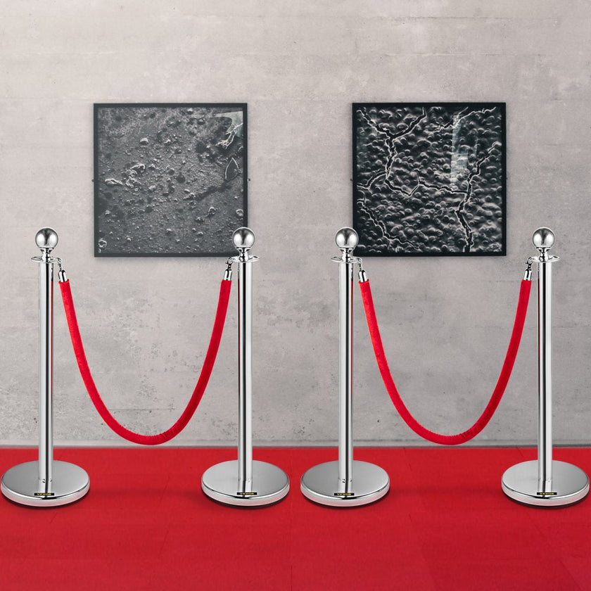 VEVOR 4PCS Stainless Steel Stanchion Posts Queue, Red Velvet Ropes Silver, 38In Rope Barriers Queue Line Crowd Control Barriers for Party Supplies