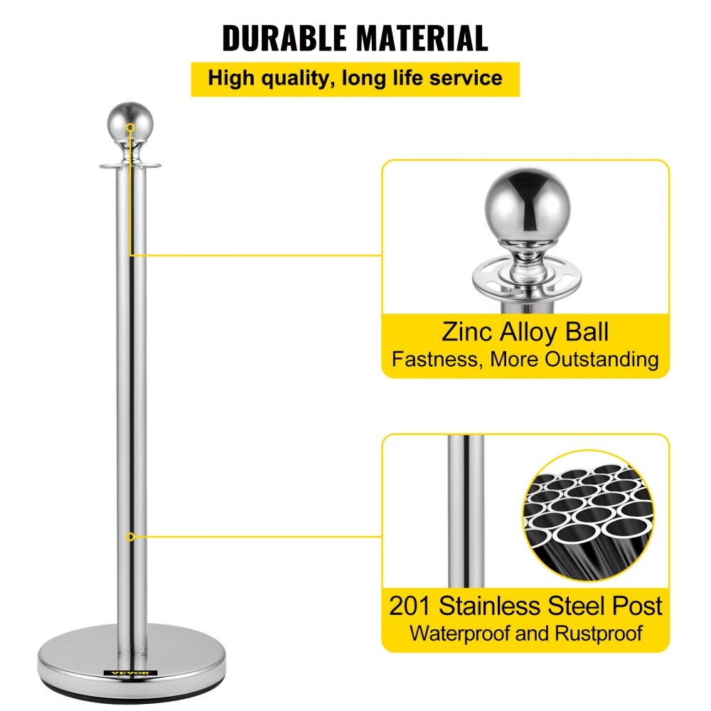 Bestequip 38 Inch Silver Stanchion Posts Queue, Red Velvet Rope, 4 Pack Rope Barriers Crowd Control Barriers Queue Line for Party School Hotel Supplies