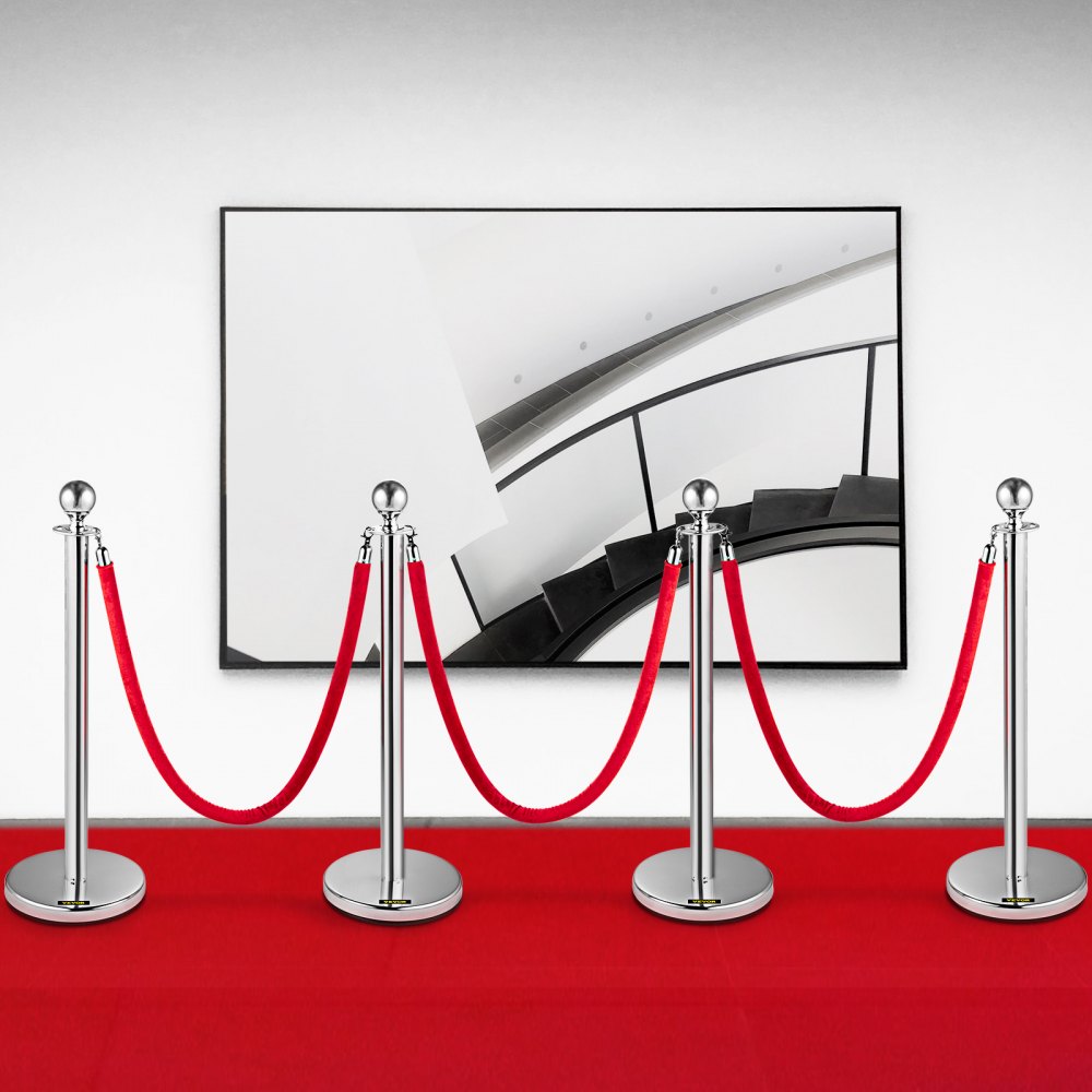 Bestequip 38 Inch Silver Stanchion Posts Queue, Red Velvet Rope, 4 Pack Rope Barriers Crowd Control Barriers Queue Line for Party School Hotel Supplies