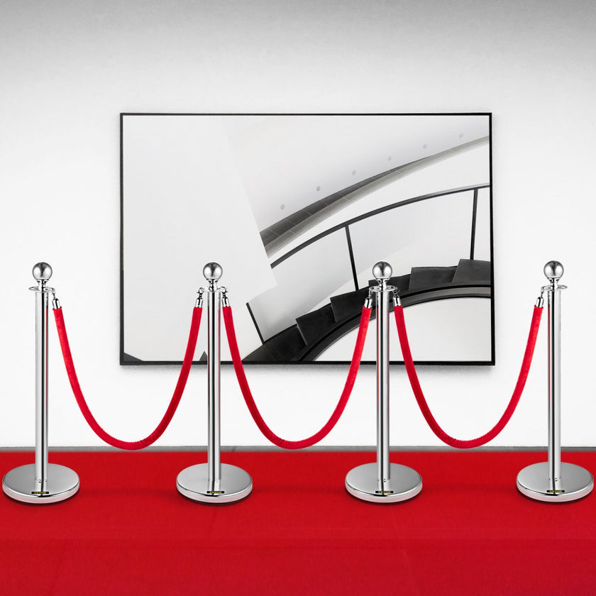 Bestequip 38 Inch Silver Stanchion Posts Queue, Red Velvet Rope, 4 Pack Rope Barriers Crowd Control Barriers Queue Line for Party School Hotel Supplies