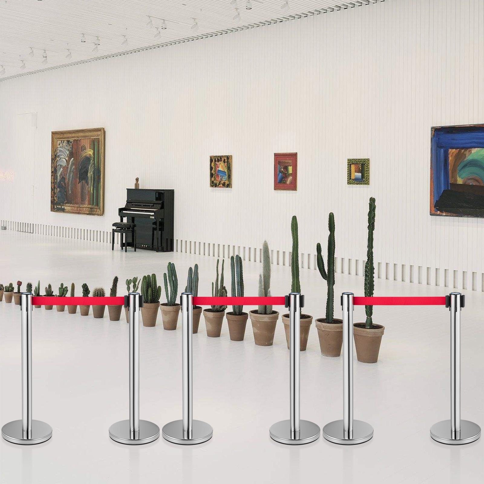 VEVOR Crowd Control Stanchion, Set of 6 Pieces Stanchion Set, Stanchion Set w/ 6.6ft/2m Red Retractable Belt, Silver Crowd Control Barrier w/ Sturdy Rubber Base–Easy Connect Assembly for Crowd Control