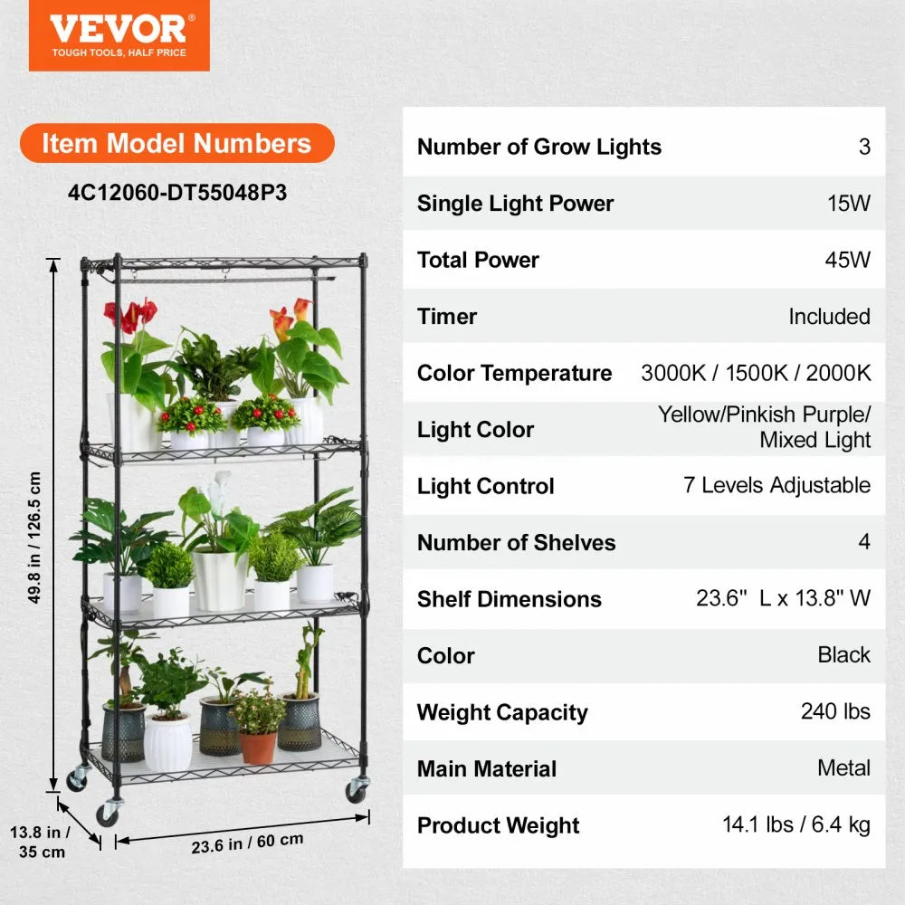 VEVOR Plant Stand with Grow Lights 4 Tiers 45W 49.8