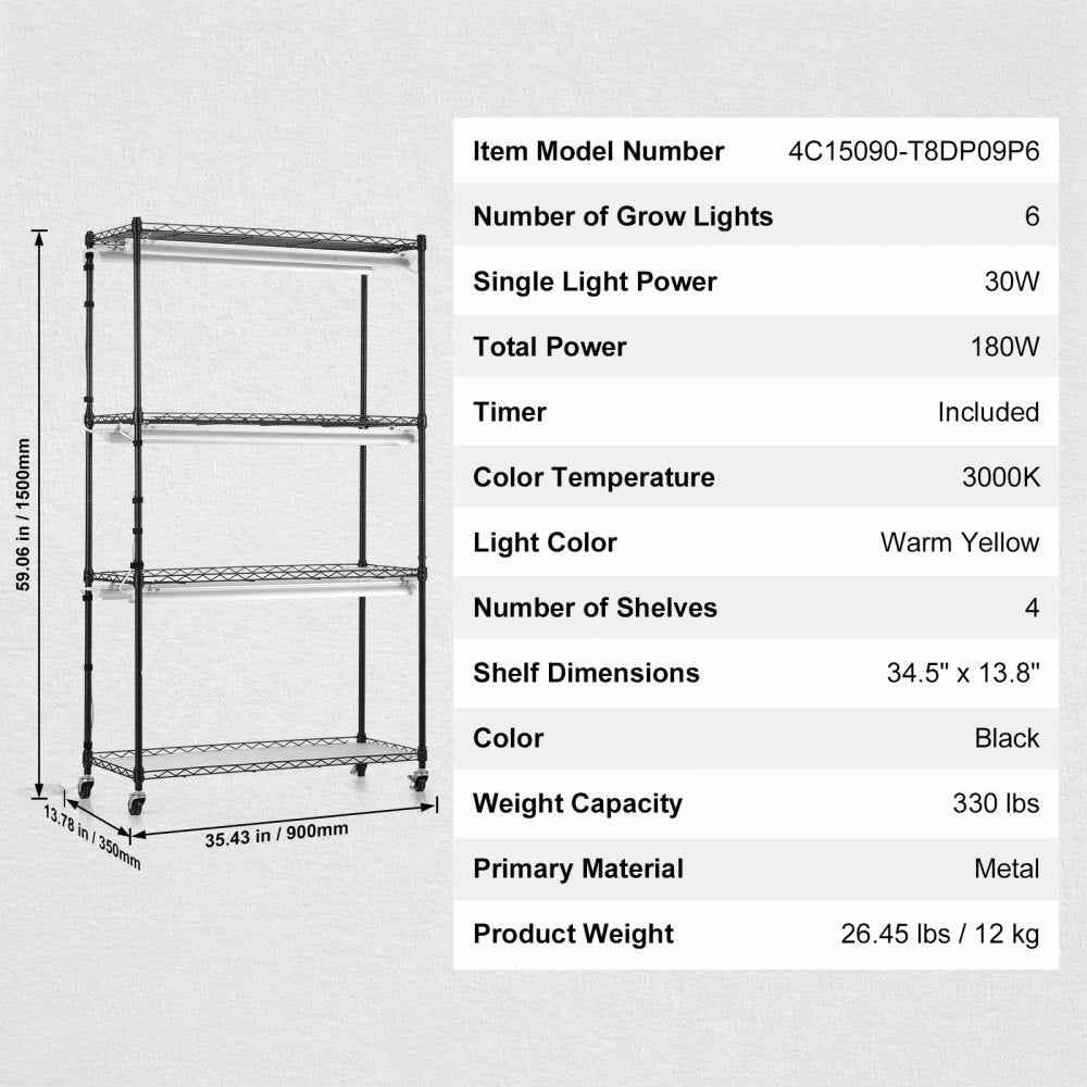 VEVOR Plant Stand with Grow Lights 4 Tiers 180W 59.1