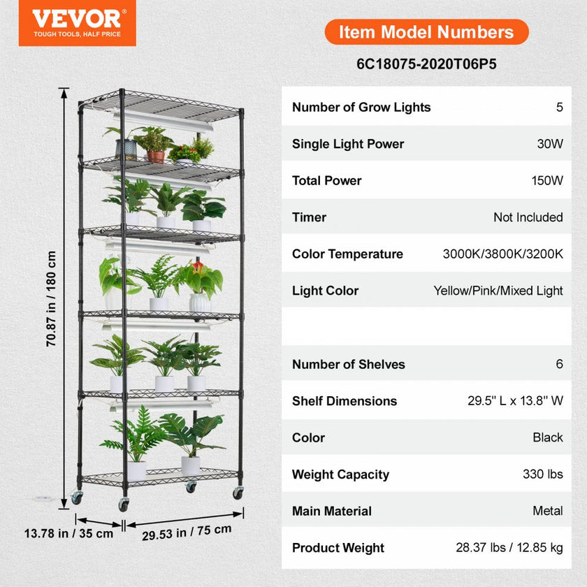 VEVOR Plant Stand with Grow Lights 6 Tiers 150W 70.9