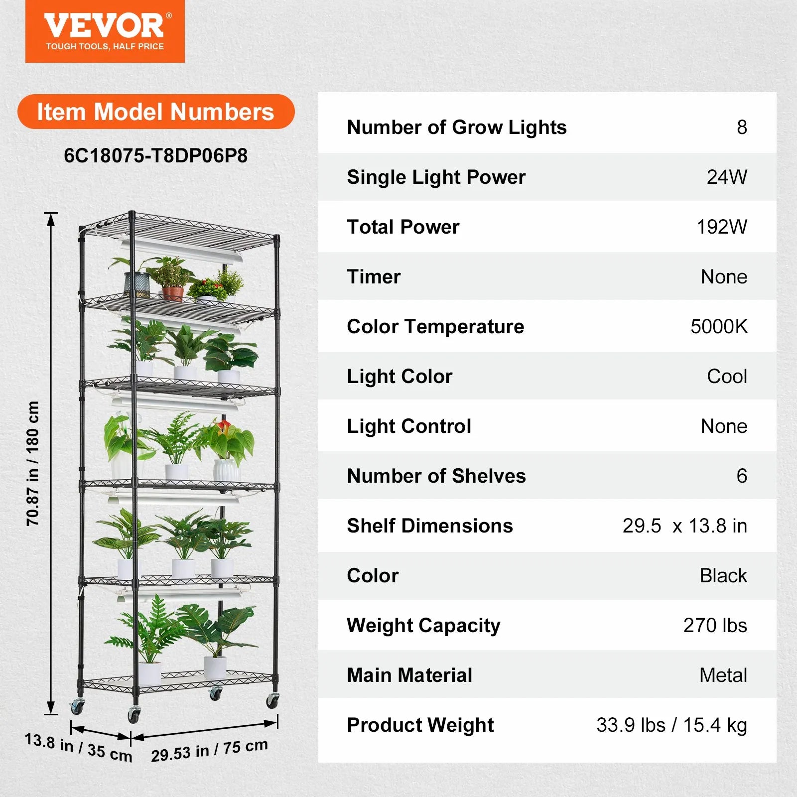 VEVOR DIY Plant Stand with Grow Lights 6 Tiers 192W 70.9