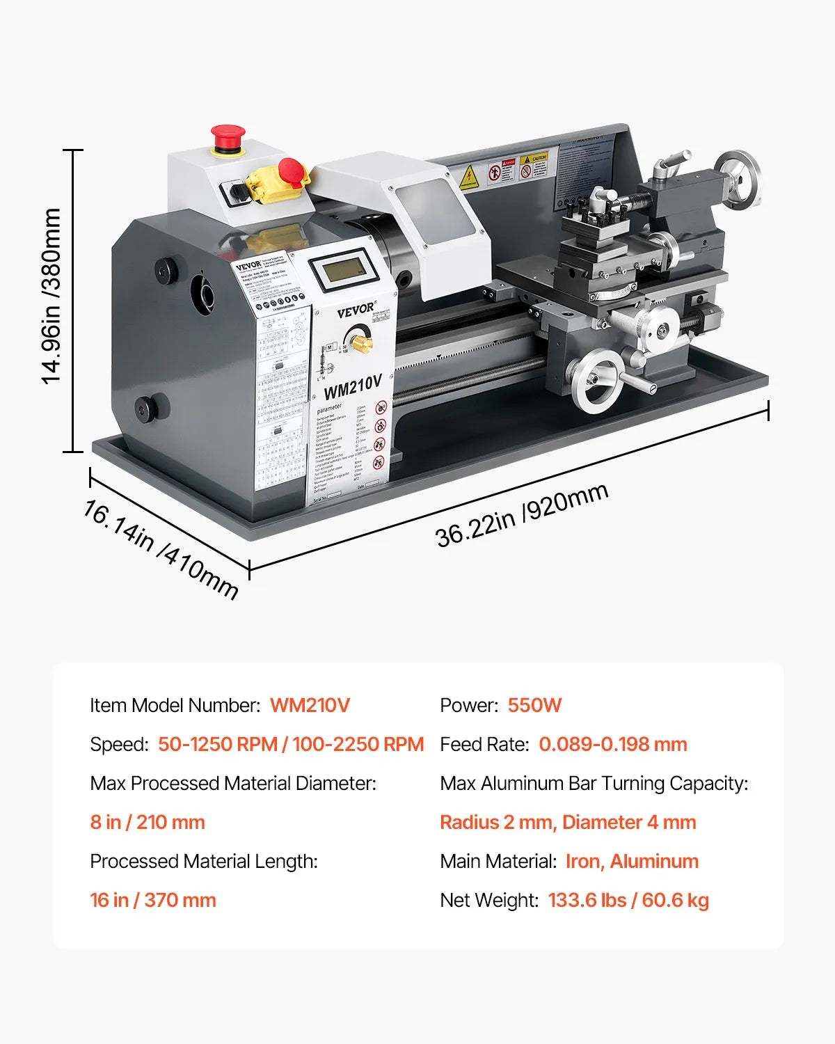 VEVOR Metal Lathe 8 x 16 in 550W Benchtop Lathe Machine 0-2500RPM Variable Speed