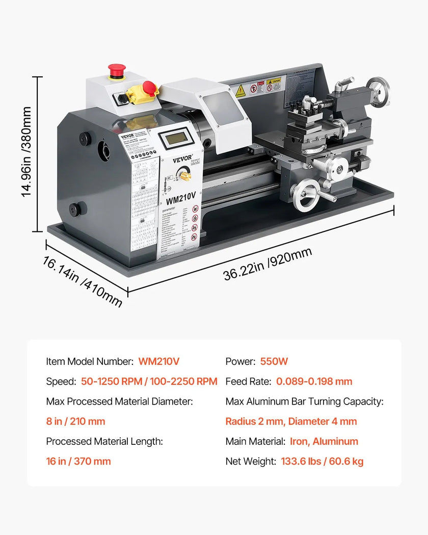VEVOR Metal Lathe 8 x 16 in 550W Benchtop Lathe Machine 0-2500RPM Variable Speed