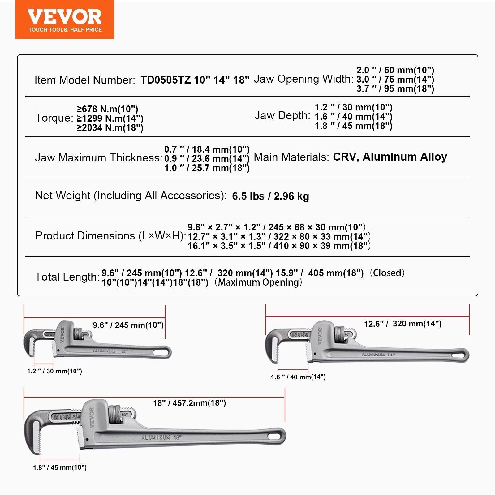 VEVOR 3-Piece Pipe Wrench Set, 10