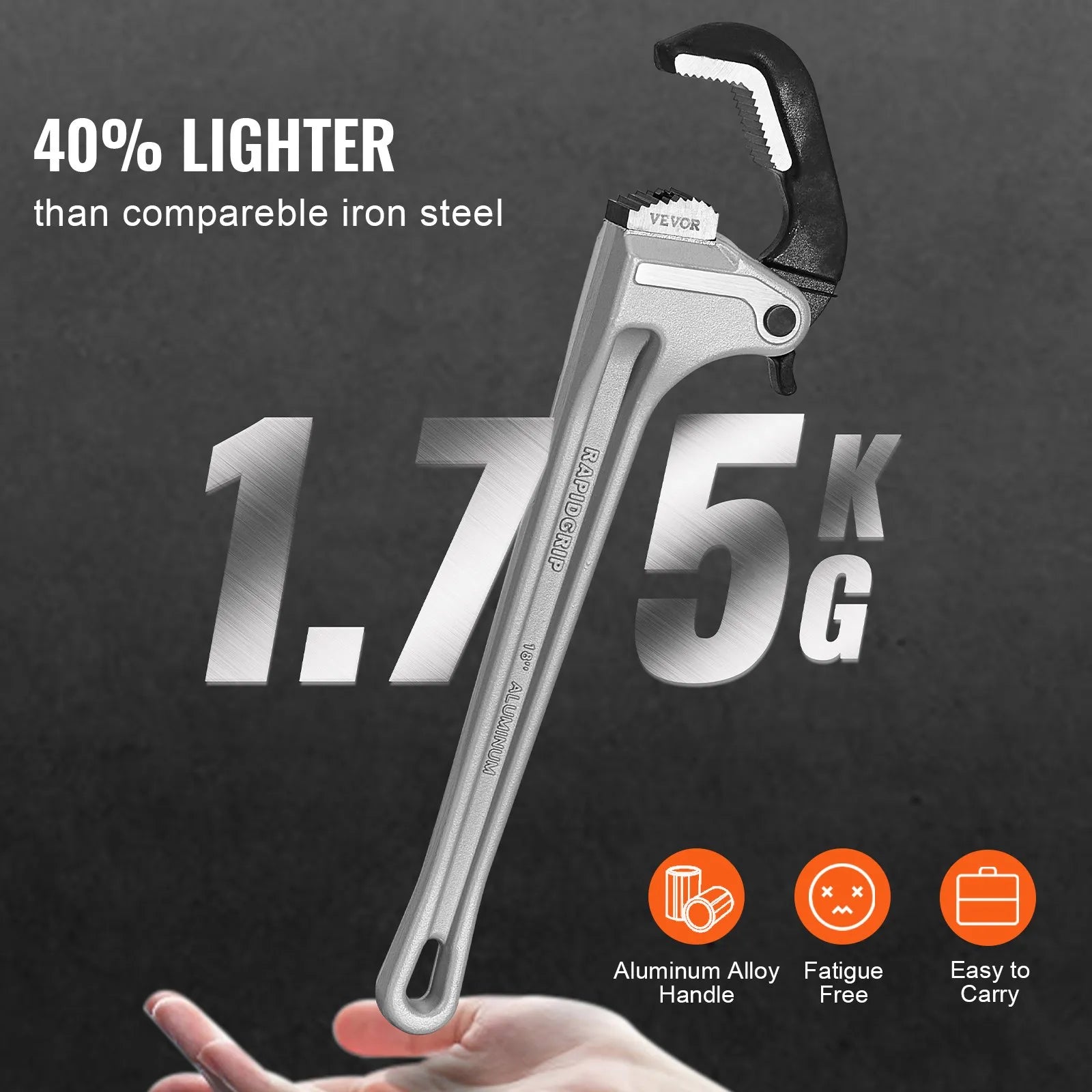 VEVOR Aluminum Straight Pipe Wrench 18 in Automatic Jaw Adjustment 60CRV Jaw