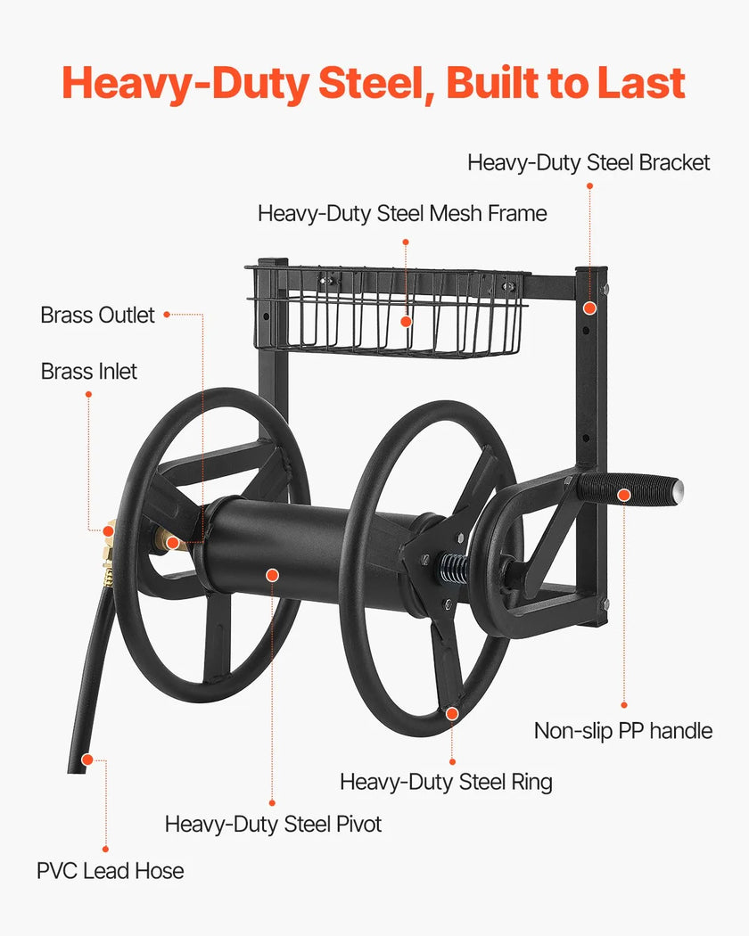 VEVOR Wall Mounted Garden Hose Reel 125ft 5/8 in Metal Hose Reel with Basket
