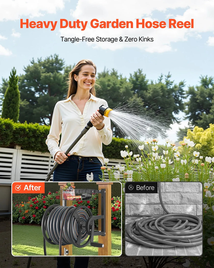 VEVOR Wall Mounted Garden Hose Reel 125ft 5/8 in Metal Hose Reel with Basket
