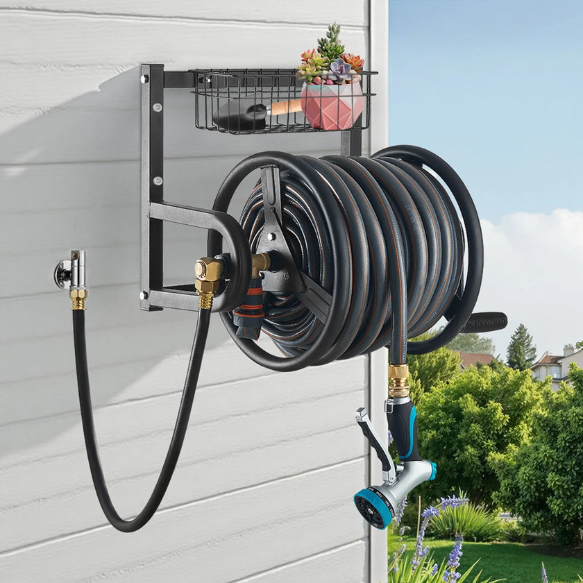 VEVOR Wall Mounted Garden Hose Reel 125ft 5/8 in Metal Hose Reel with Basket