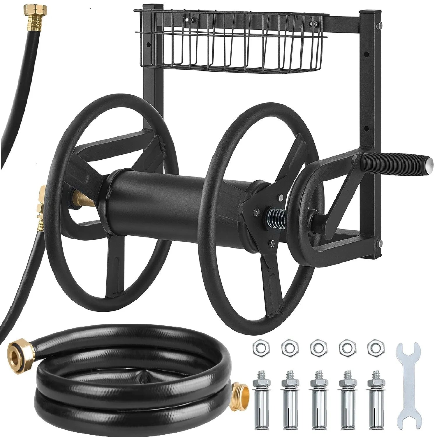 VEVOR Wall Mounted Garden Hose Reel 125ft 5/8 in Metal Hose Reel with Basket