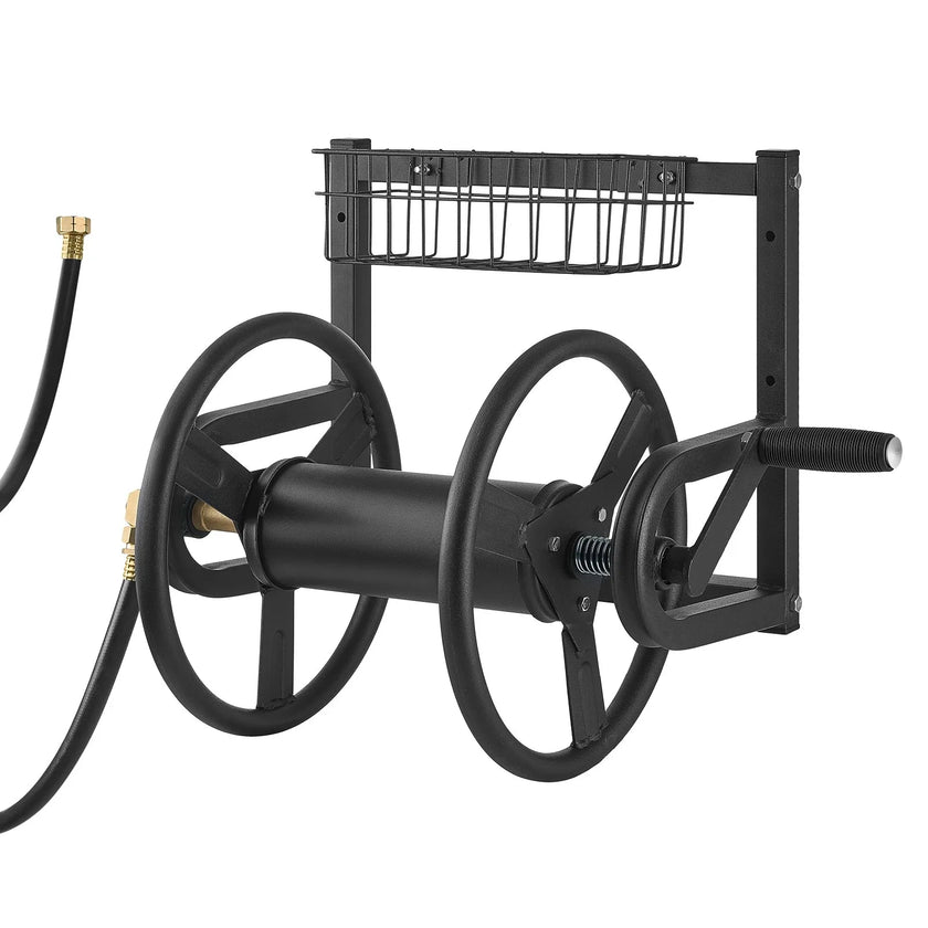 VEVOR Wall Mounted Garden Hose Reel 125ft 5/8 in Metal Hose Reel with Basket