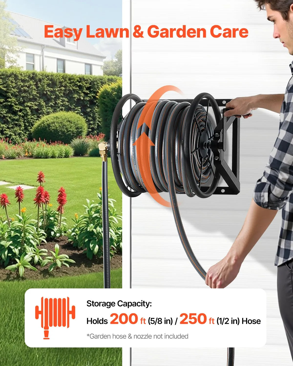 VEVOR Wall Mounted Garden Hose Reel 200ft 5/8 in Hose Winder 5ft Leader Hose