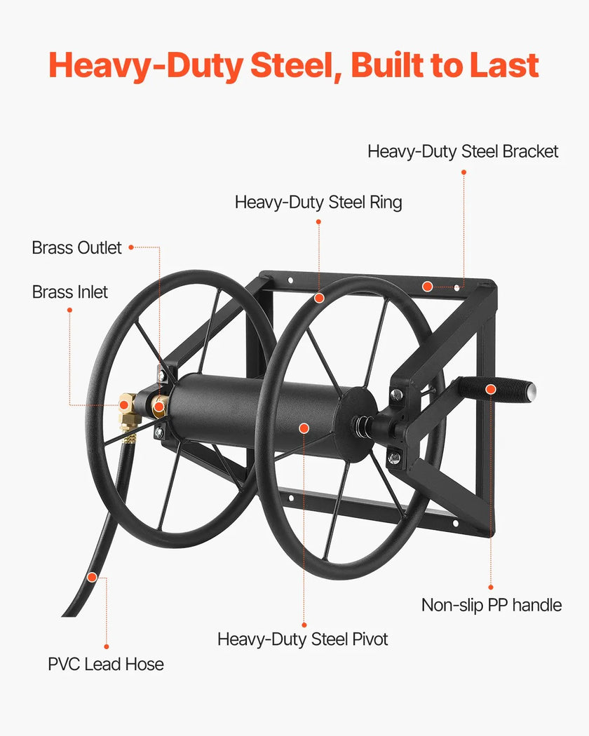 VEVOR Wall Mounted Garden Hose Reel 200ft 5/8 in Hose Winder 5ft Leader Hose