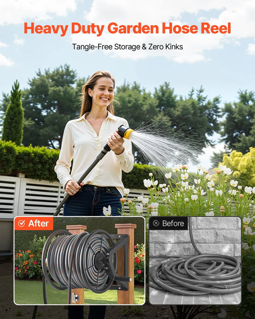 VEVOR Wall Mounted Garden Hose Reel 200ft 5/8 in Hose Winder 5ft Leader Hose