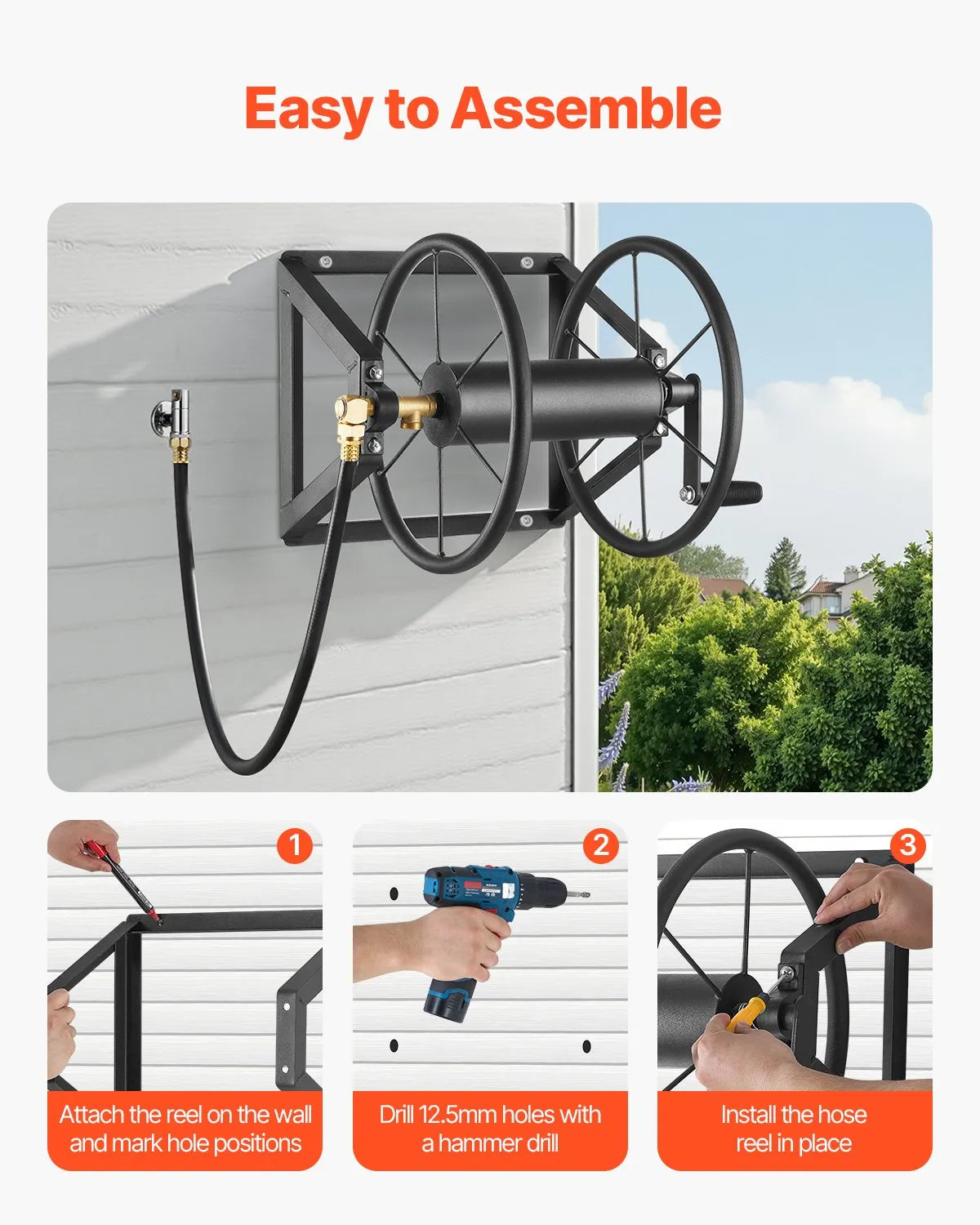 VEVOR Wall Mounted Garden Hose Reel 200ft 5/8 in Hose Winder 5ft Leader Hose
