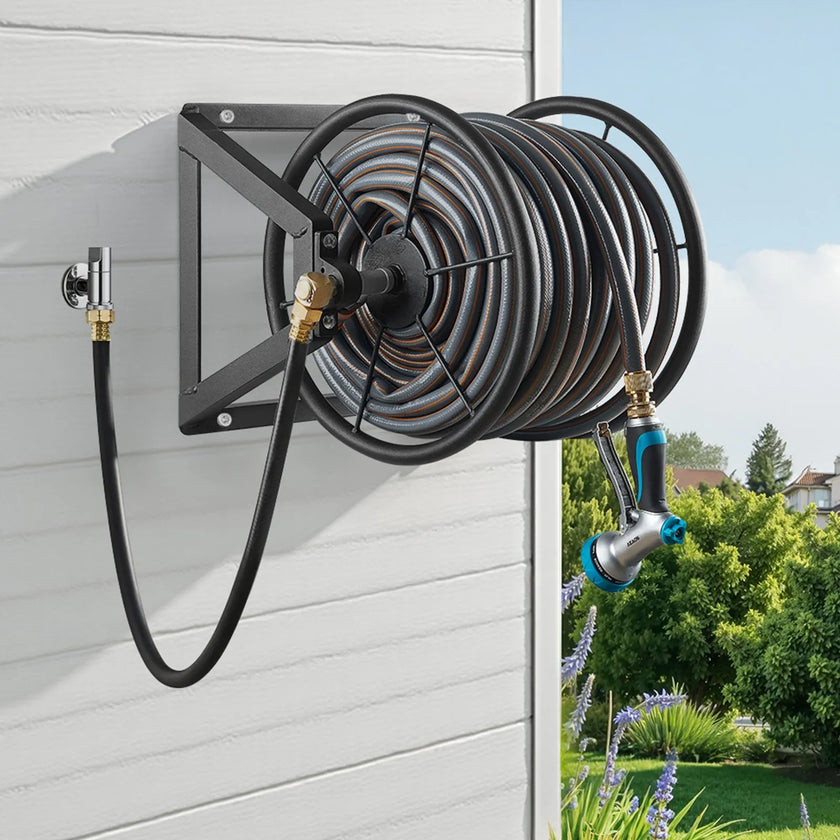 VEVOR Wall Mounted Garden Hose Reel 200ft 5/8 in Hose Winder 5ft Leader Hose