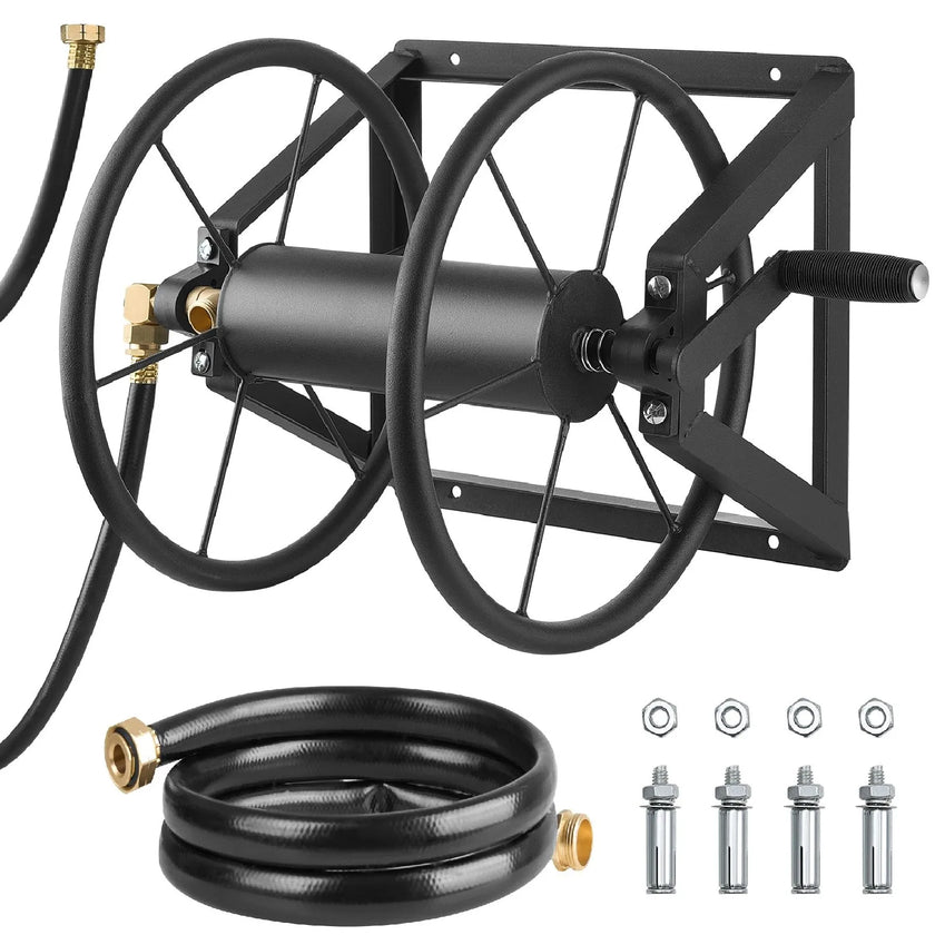 VEVOR Wall Mounted Garden Hose Reel 200ft 5/8 in Hose Winder 5ft Leader Hose