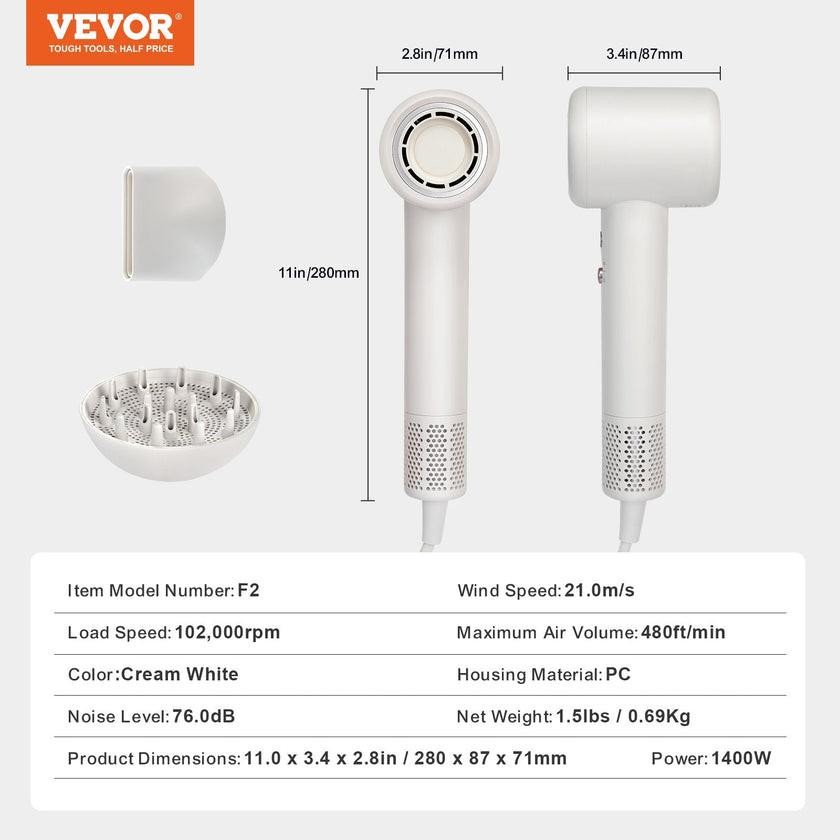 VEVOR High-Speed Hair Dryer with 102,000RPM Brushless Motor, 200 Million Negative Ions Hair Blow Dryer, 3-Color Temp LED Lights & 2 Speeds, Lightweight Hairdryer with Diffuser & Nozzle for Home Travel