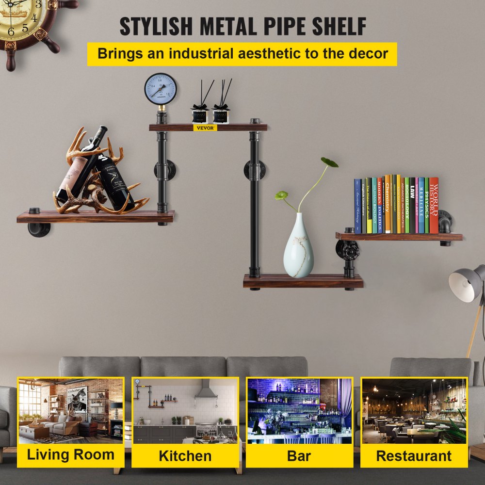 VEVOR Pipe Shelf, Industrial Steel Pipe Shelving w/ 4-Shelf Solid Wood Planks, Modern Rustic Floating Shelves Wall Mounted, DIY Storage Bracket for Bookshelf, Kitchen, Bathroom, Home Decor, Black