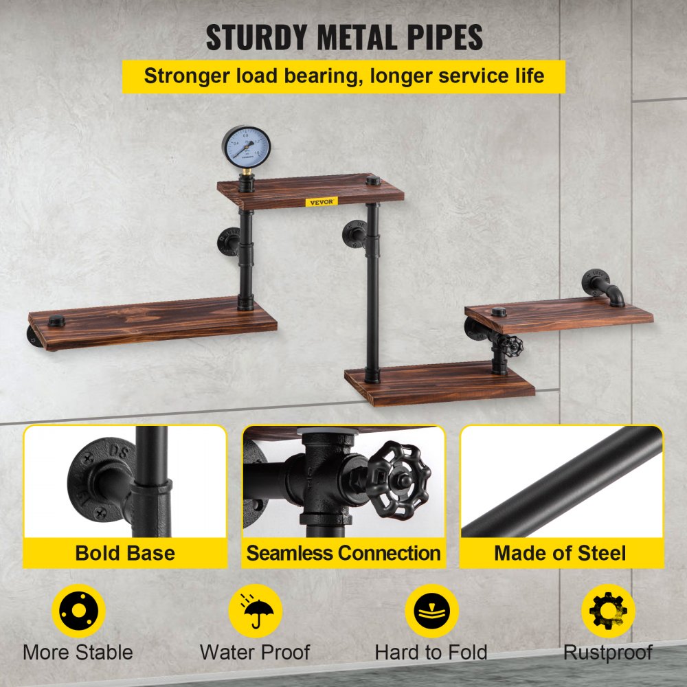 VEVOR Pipe Shelf, Industrial Steel Pipe Shelving w/ 4-Shelf Solid Wood Planks, Modern Rustic Floating Shelves Wall Mounted, DIY Storage Bracket for Bookshelf, Kitchen, Bathroom, Home Decor, Black