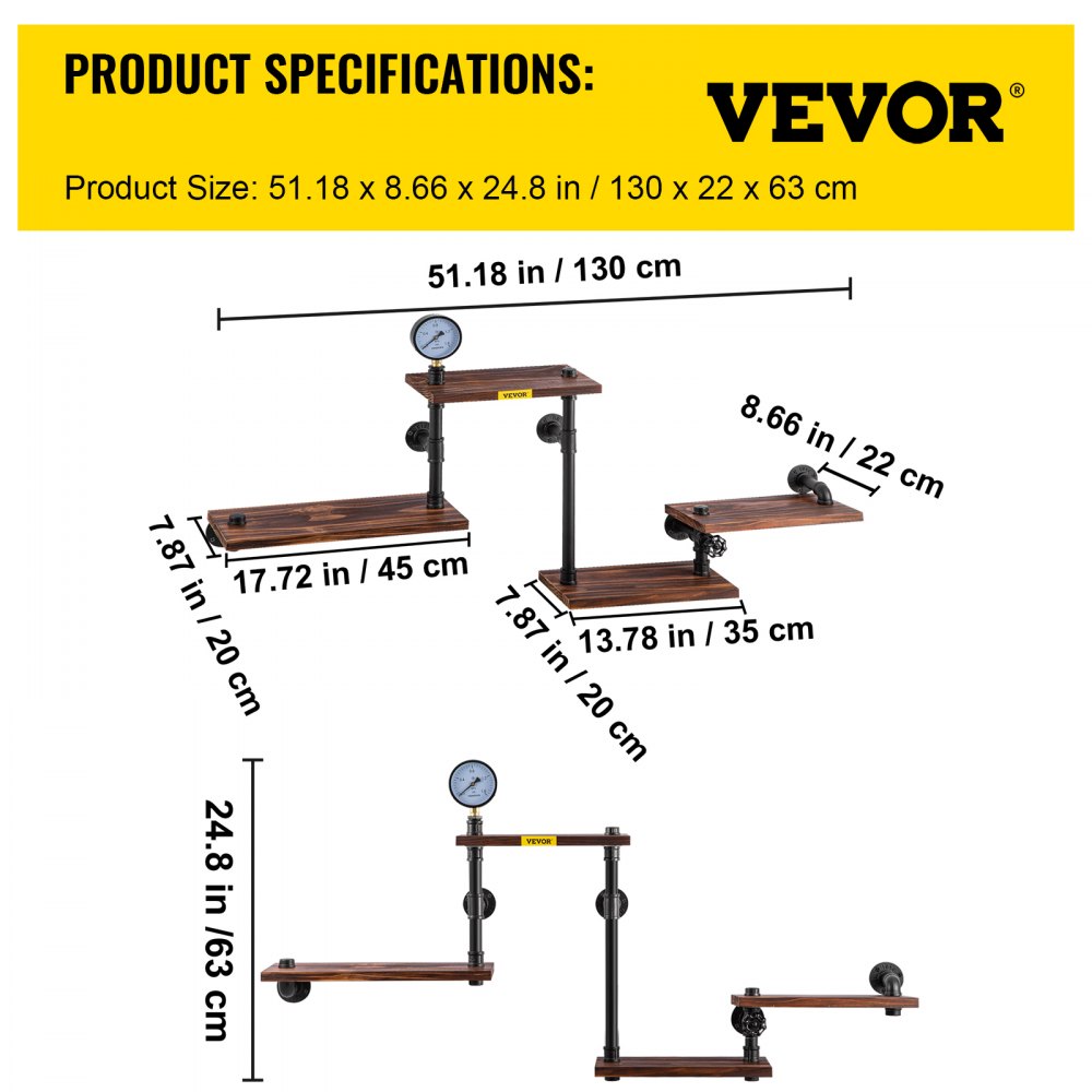 VEVOR Pipe Shelf, Industrial Steel Pipe Shelving w/ 4-Shelf Solid Wood Planks, Modern Rustic Floating Shelves Wall Mounted, DIY Storage Bracket for Bookshelf, Kitchen, Bathroom, Home Decor, Black