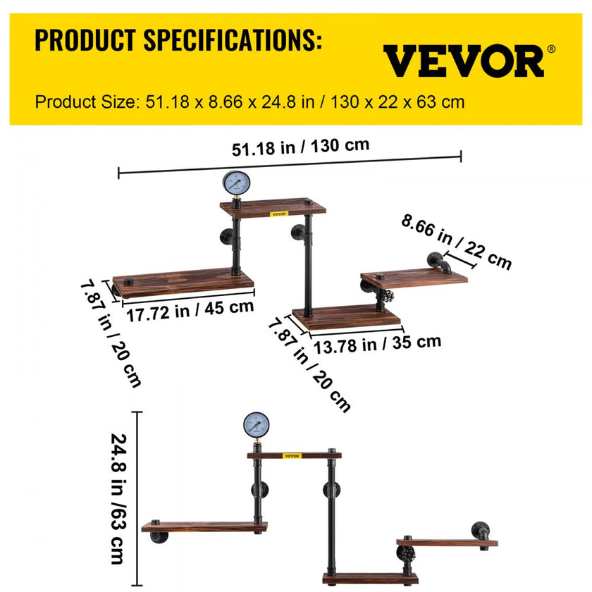 VEVOR Pipe Shelf, Industrial Steel Pipe Shelving w/ 4-Shelf Solid Wood Planks, Modern Rustic Floating Shelves Wall Mounted, DIY Storage Bracket for Bookshelf, Kitchen, Bathroom, Home Decor, Black