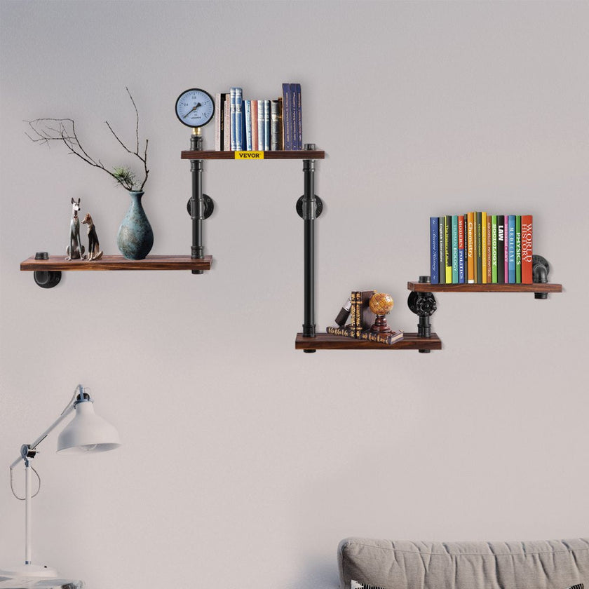 VEVOR Pipe Shelf, Industrial Steel Pipe Shelving w/ 4-Shelf Solid Wood Planks, Modern Rustic Floating Shelves Wall Mounted, DIY Storage Bracket for Bookshelf, Kitchen, Bathroom, Home Decor, Black
