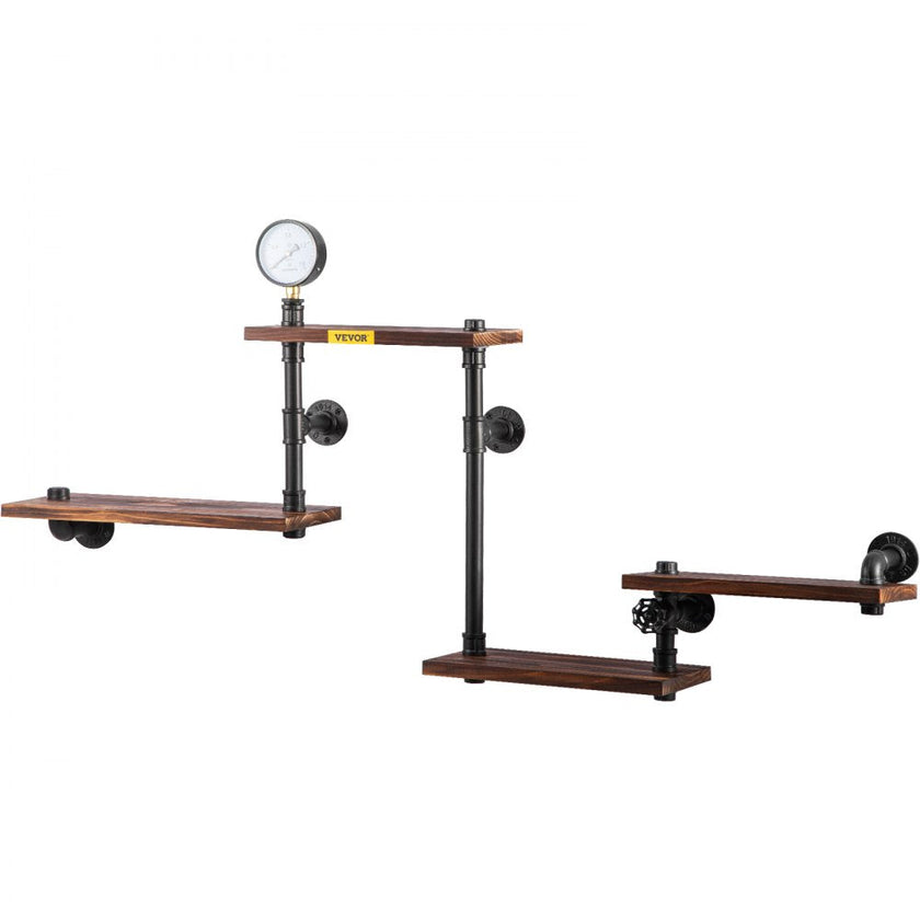 VEVOR Pipe Shelf, Industrial Steel Pipe Shelving w/ 4-Shelf Solid Wood Planks, Modern Rustic Floating Shelves Wall Mounted, DIY Storage Bracket for Bookshelf, Kitchen, Bathroom, Home Decor, Black